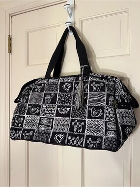 Laurel Burch Large Whimsical Black and White Patchwork Travel Bag - Very Clean!